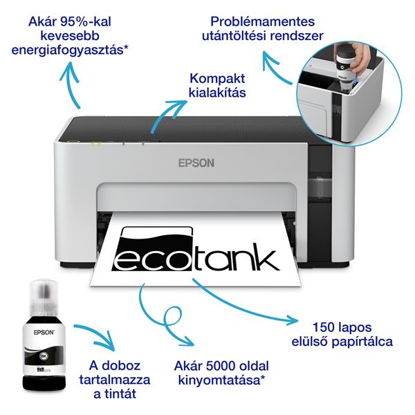EPSON EcoTank M1120 mono A4, 1440x720 DPI, 32 lap/perc, USB/WIFI mono fehér tintasugaras nyomtató