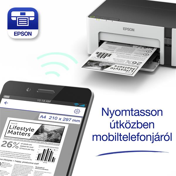 EPSON EcoTank M1120 mono A4, 1440x720 DPI, 32 lap/perc, USB/WIFI mono fehér tintasugaras nyomtató