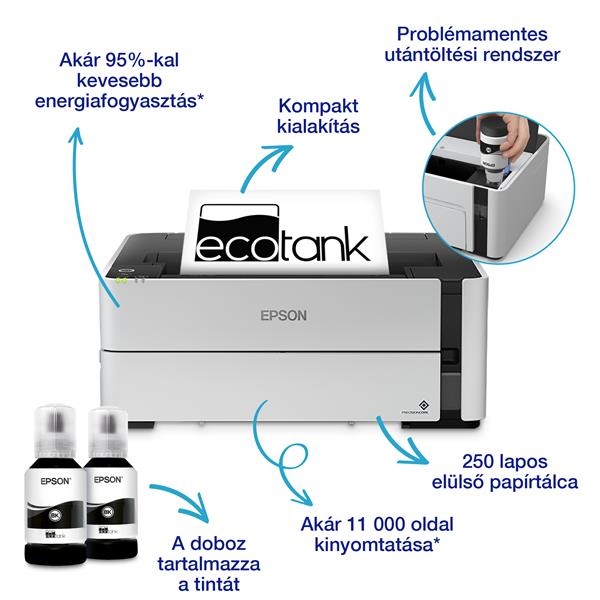 EPSON EcoTank M1170 A4, 1200x2400 DPI, 39 lap/perc, USB/LAN/Wifi mono fehér tintasugaras nyomtató