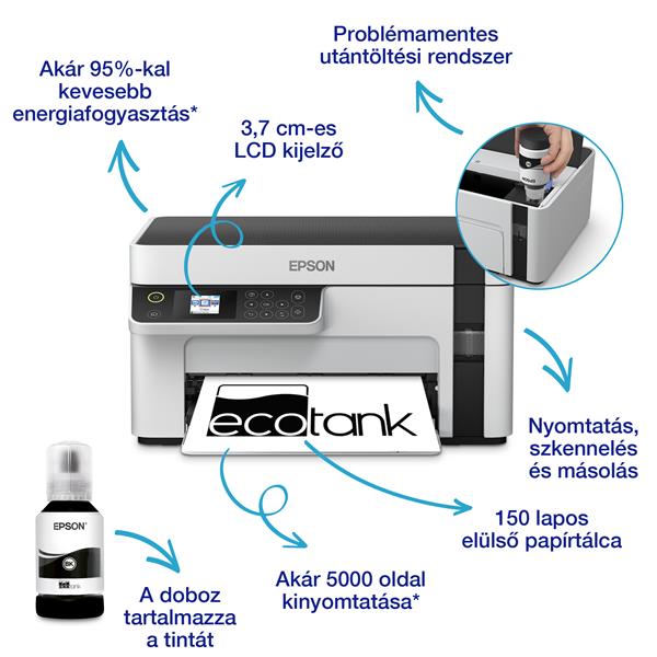 EPSON Ecotank M2120 A4, MFP, 1440x720 DPI, 32 lap/perc, USB/WiFi tintasugaras nyomtató