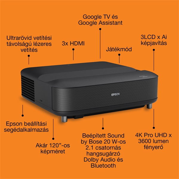 EPSON Projektor - Lifestudio Grand – EH-LS670B Metálfekete (3LCD, 4K Pro, 16:9, 3600 AL, 5 000 000:1, HDMI/USB/WiFi) (V11HB82140)