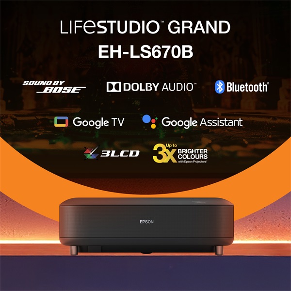 EPSON Projektor - Lifestudio Grand – EH-LS670B Metálfekete (3LCD, 4K Pro, 16:9, 3600 AL, 5 000 000:1, HDMI/USB/WiFi) (V11HB82140)