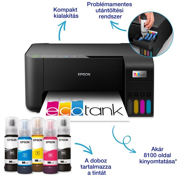 EPSON Tintasugaras nyomtató - EcoTank L3270 (A4, MFP, színes, 5760x1440 DPI, 33 lap/perc, USB/Wifi) (C11CJ67434)