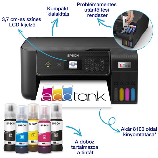 EPSON Tintasugaras nyomtató - EcoTank L3280 (A4, MFP, színes, 5760x1440 DPI, 33 lap/perc, USB/Wifi) (C11CJ66426)
