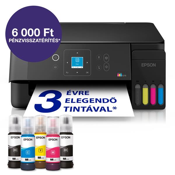 EPSON Tintasugaras nyomtató - EcoTank L3362 (A4, MFP, színes, 5760x1440 DPI, 33 lap/perc, USB/Wifi/Air Print) (C11CL63421)
