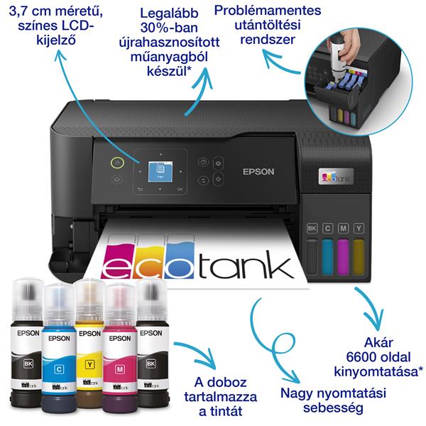 EPSON Tintasugaras nyomtató - EcoTank L3560 (A4, MFP, színes, 4800x1200 DPI, 33 lap/perc, USB/Wifi) (C11CK58403)