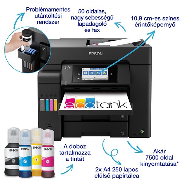 EPSON Tintasugaras nyomtató - EcoTank L6550 (A4, MFP, színes, 4800x2400 DPI, 32 lap/perc, USB/LAN/Wifi) (C11CJ30402)