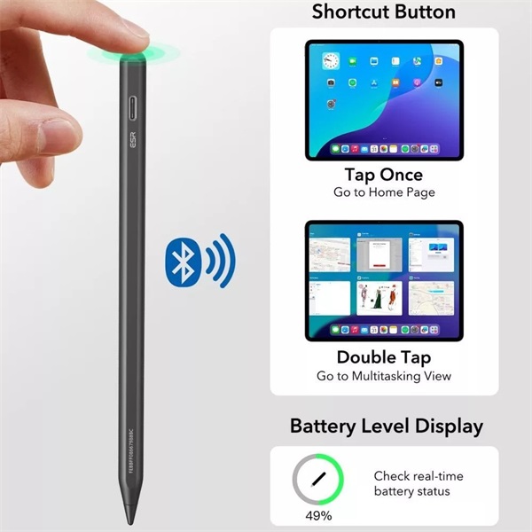 ESR Stylus Pen aktív toll rajzoláshoz, jegyzethez, 2018 után kiadott Apple iPad Air, iPad Mini (A17), iPad Pro, fekete (ES252154)