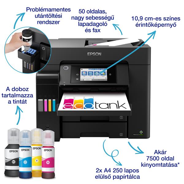 Epson EcoTank L6570 A4, Színes multifunkciós nyomtató DUPLEX, ADF, WIFI/LAN/USB, 8100/6500 oldal tintával
