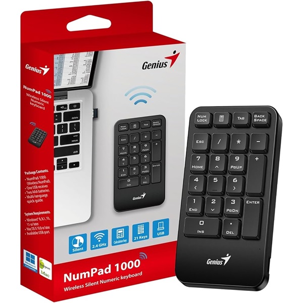 GENIUS Vezeték Nélküli Numerikus Billentyűzet Numpad 1000 USB Fekete (NUMPAD 1000)