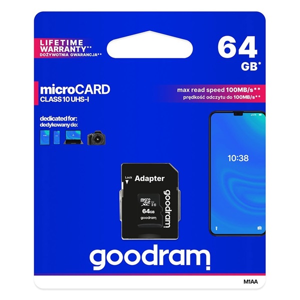 GOODRAM Memóriakártya MicroSDXC 64GB CL10 UHS-I + adapter (M1AA-0640R12)