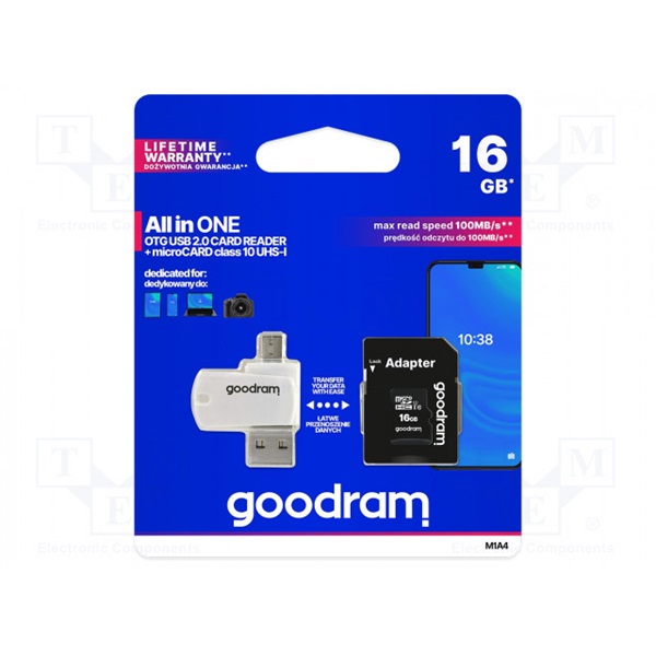 GOODRAM Memóriakártya SDHC 16GB CL10 UHS-I + adapter + OTG kártyaolvasó (M1A4-0160R12)