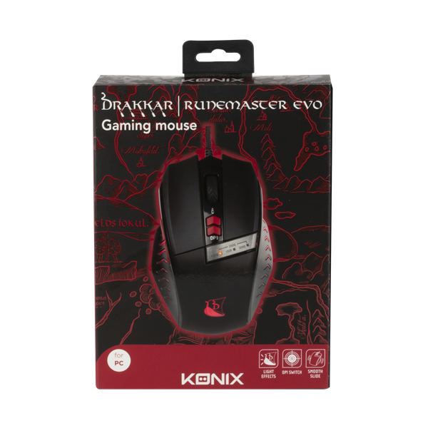 KONIX - DRAKKAR PC Runemaster Evo Egér Vezetékes Gaming 2500DPI, Fekete-Piros (KX-GMD-M20E-PC)