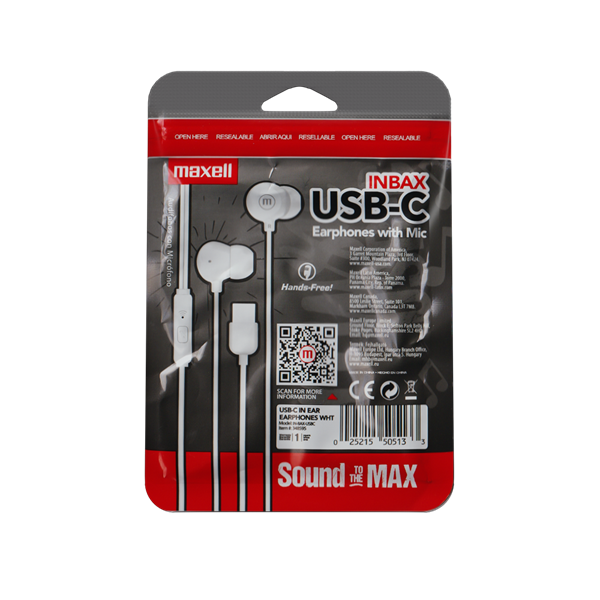 MAXELL Fülhallgató, IN-BAX, fehér, USB-C (348595)