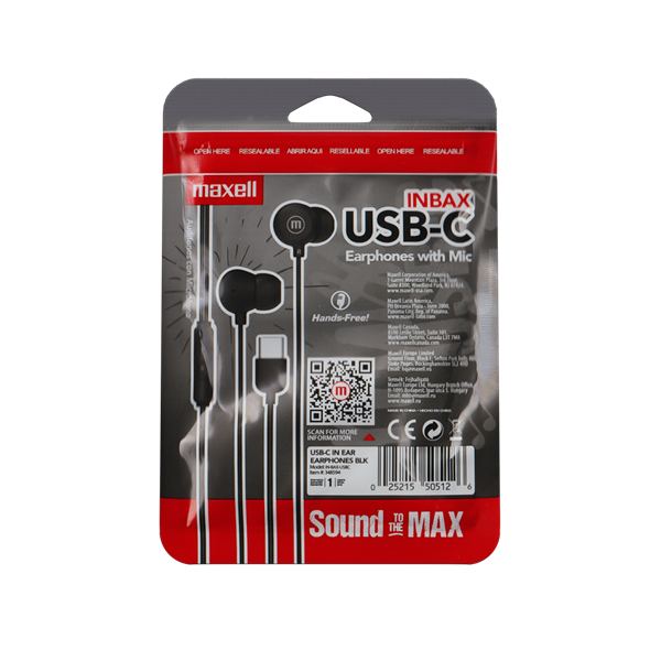 MAXELL Fülhallgató, IN-BAX, fekete, USB-C (348594)