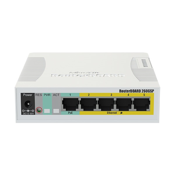MIKROTIK Switch/Router RB260GSP 5x1000Mbps (POE Out) + 1x1000Mbps SFP, Asztali, CSS106-1G-4P-1S (CSS106-1G-4P-1S)