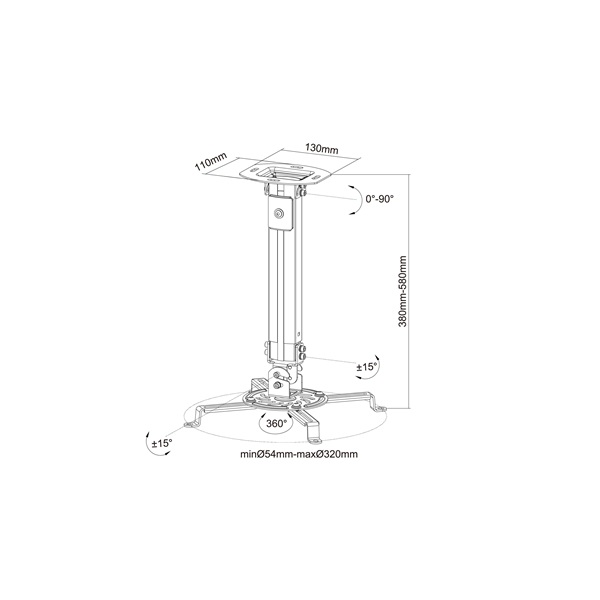 MULTIBRACKETS Mennyezeti konzol, M Universal Projector Ceiling Mount I (13.5 kg, White, 380-580 mm) (7350022730311)