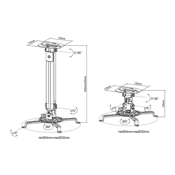 MULTIBRACKETS Mennyezeti konzol, M Universal Projector Ceiling Mount I (13.5 kg, White, 380-580 mm) (7350022730311)