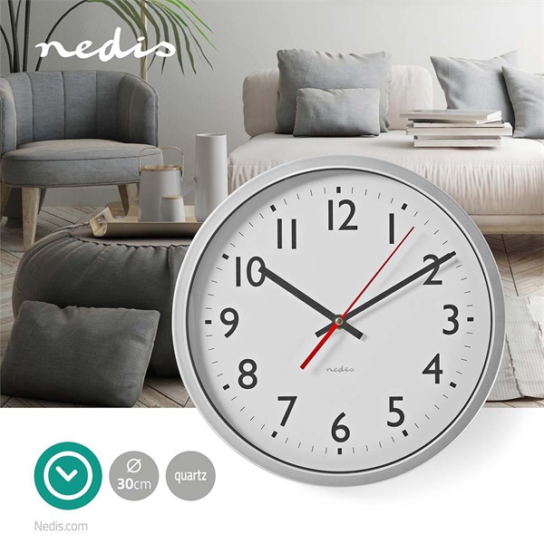 Nedis CLWA110WT falióra, 30 cm átmérő,  1 x AA, fehér, quarz technológia, 1,5V (CLWA110WT)