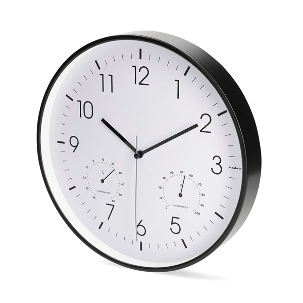 Nedis CLWA4226BK falióra, 30 cm átmérő,  műanyag, csendes szerkezet: óra, hőmérő, páratartamom mérő (CLWA4226BK)