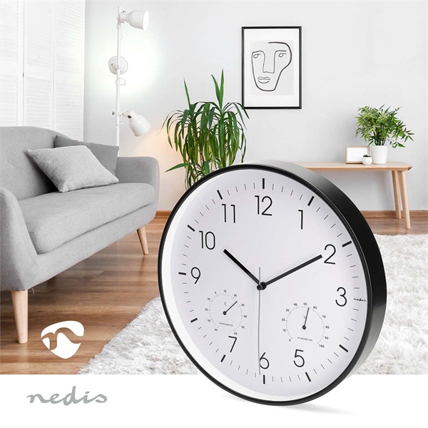 Nedis CLWA4226BK falióra, 30 cm átmérő,  műanyag, csendes szerkezet: óra, hőmérő, páratartamom mérő (CLWA4226BK)