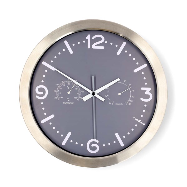 Nedis CLWA5226SS falióra, 30 cm átmérő,  rozsdamentes acél, csendes szerkezet: óra, hőmérő, páratartamom mérő (CLWA5226SS)