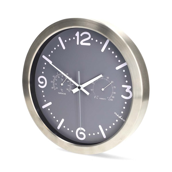 Nedis CLWA5226SS falióra, 30 cm átmérő,  rozsdamentes acél, csendes szerkezet: óra, hőmérő, páratartamom mérő (CLWA5226SS)