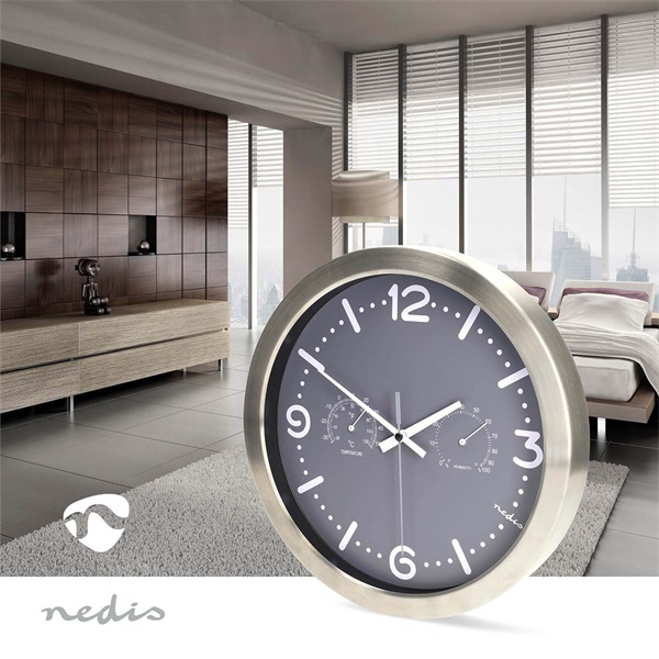 Nedis CLWA5226SS falióra, 30 cm átmérő,  rozsdamentes acél, csendes szerkezet: óra, hőmérő, páratartamom mérő (CLWA5226SS)