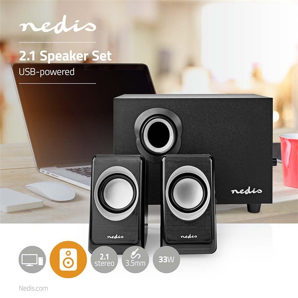 Nedis CSPR10021BK PC (hangfal) hangszóró 2.1, 33 W, 3,5mm sztereo jack (CSPR10021BK)