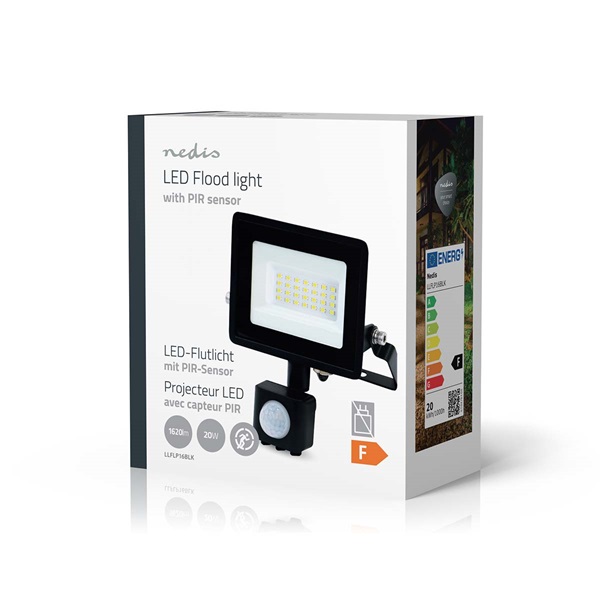 Nedis LLFLP16BLKmozgásérzékelős LED reflektor 20W, IP44, 4000 K, 1620 lm, 220 - 240 V AC 50/60 Hz, Energiaosztály: F (LLFLP16BLK)