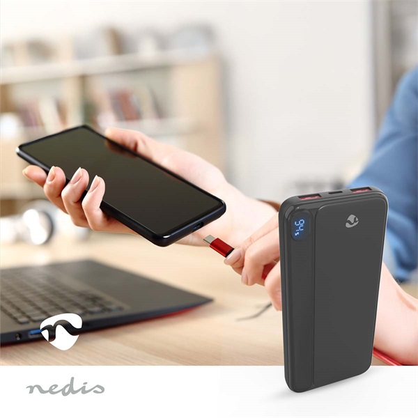 Nedis PBKPD20W125BK powerbank, hordozható külső akkumulátor, power bank 10000mAh, 1,5 / 1,67 / 2,0 / 2,22 / 3,0 A (PBKPD20W125BK)