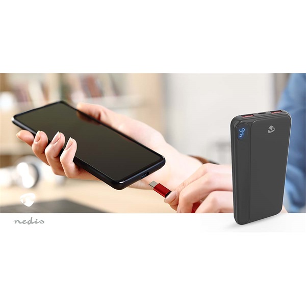 Nedis PBKPD20W125BK powerbank, hordozható külső akkumulátor, power bank 10000mAh, 1,5 / 1,67 / 2,0 / 2,22 / 3,0 A (PBKPD20W125BK)