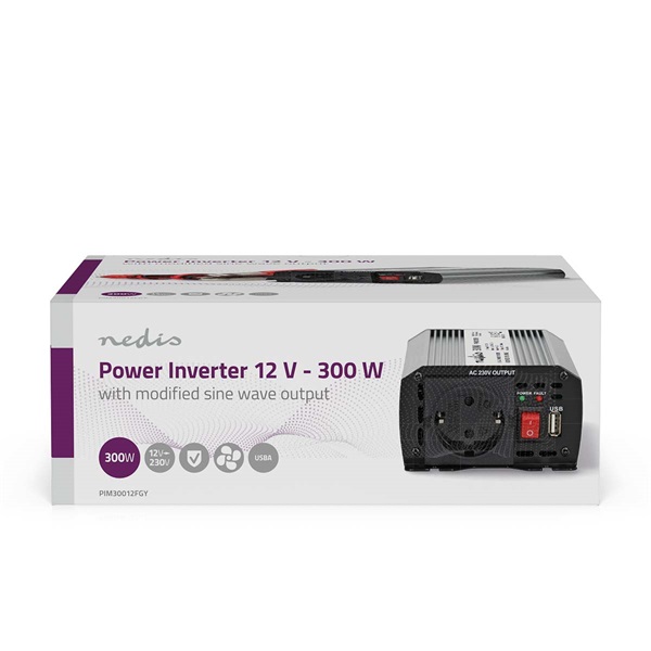 Nedis PIM30012FGY 12V DC - 230V AC inverter, 300W, csatlakozás: szivargyújtós, akku csipesz (PIM30012FGY)