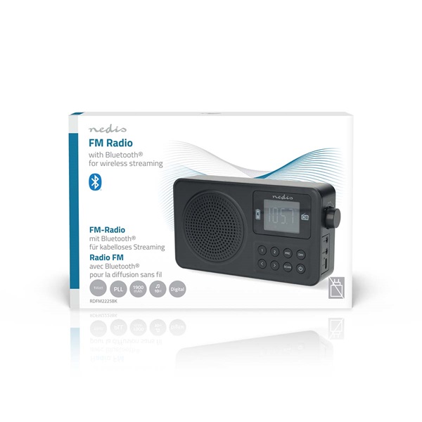 Nedis RDFM2225BK hordozható FM rádió, digitális hangolás, Bluetooth, Fejhallgató kimenet, Ébresztőóra, akkumulátor (RDFM2225BK)