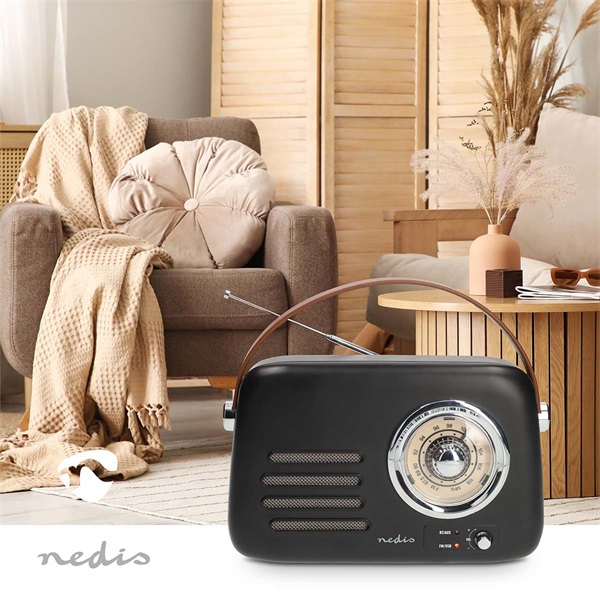 Nedis RDFM2600BK retró FM rádió, Bluetooth® 5.4, AUX bemenet, USB port, 1500 mAh-s lítium-ion akkumulátor (RDFM2600BK)