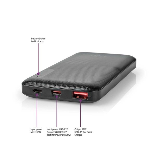 Nedis UPBKPD10000BK powerbank, hordozható külső akkumulátor, power bank 10000mAh (UPBKPD10000BK)