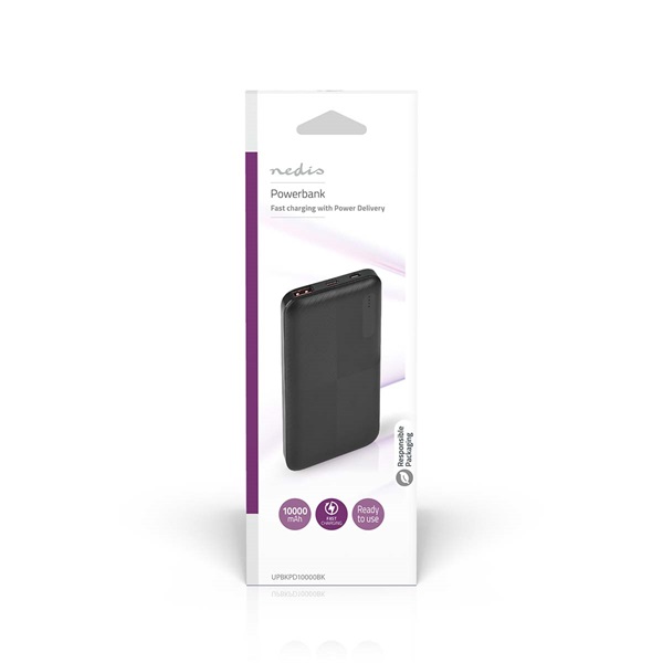 Nedis UPBKPD10000BK powerbank, hordozható külső akkumulátor, power bank 10000mAh (UPBKPD10000BK)