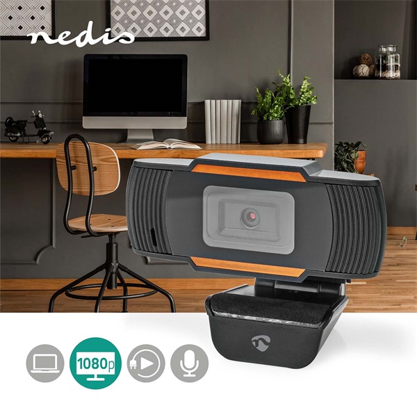 Nedis WCAM100BK (webcam) webkamera 1920x1080 full Hd, 30fps, sztereo mikrofon, lencsevédő (WCAM100BK)