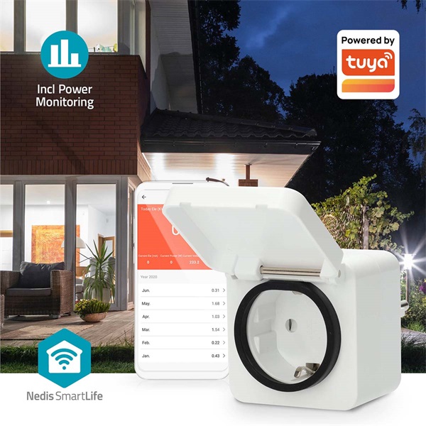 Nedis WIFIPO130FWT kültéri okos konnektor, Wi-Fi, IP44, fogyasztás mérő, 3680 W, földelt érintkező, Android™ / IOS (WIFIPO130FWT)