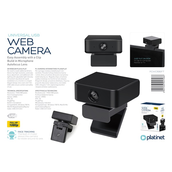 PLATINET webkamera, FULL HD 1080p, beépített mikrofon digitális zajszűrővel, Face Tracking (arckövetés) funkció (PCWC1080FT)