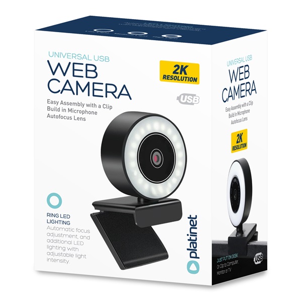 PLATINET webkamera, PCWC2KAF, 2K felbontás, autofókusz, beépített mikrofon zajszűrővel, LED videofény VLOG-hoz, streamer (PCWC2KAF)
