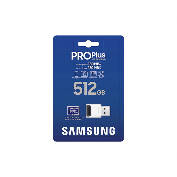 SAMSUNG Memóriakártya, PRO Plus + Reader microSDXC 512GB, CLASS 10, UHS-I, U3, V30, A2, R180/W130 (MB-MD512SB/WW)