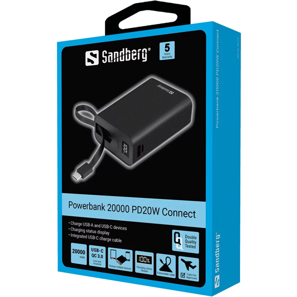 SANDBERG Hordozható akkumulátor, Connect 20000 PD20W powerbank (421-12)