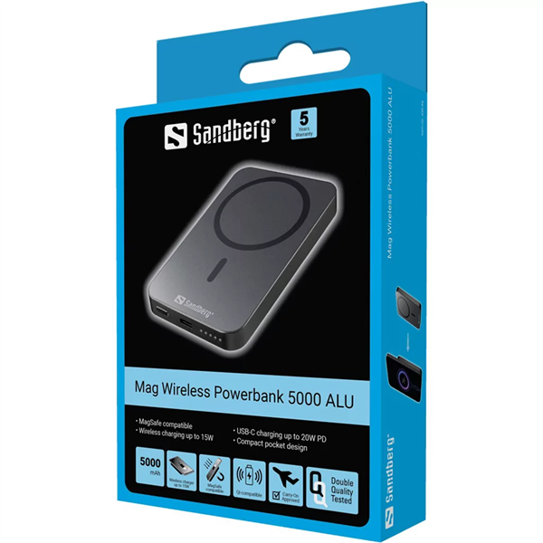 SANDBERG Hordozható akkumulátor, Mag Wireless Powerbank 5000 ALU (420-96)