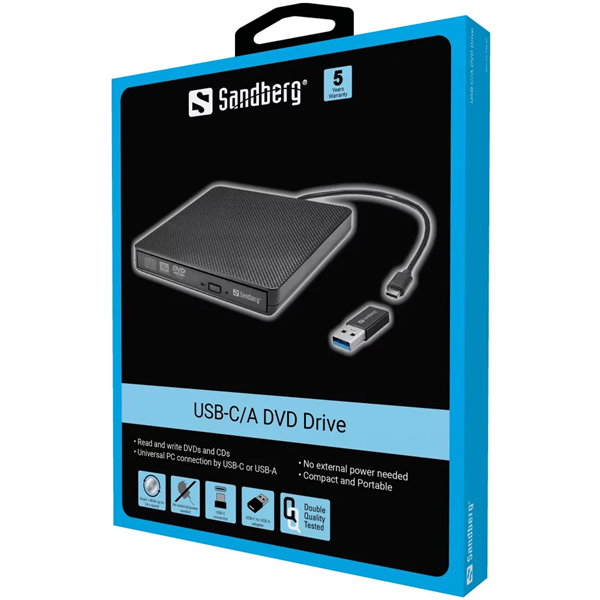SANDBERG Külső meghajtó, USB-C/A DVD Drive (136-62)