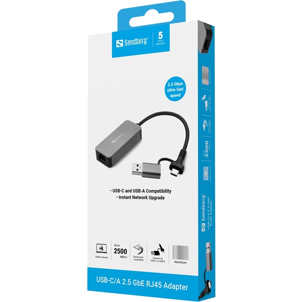 SANDBERG USB-C/A 2.5 GbE RJ45 adapter,  USB-C and USB-A Compatibility,  Ultra-Fast 2.5 Gbps Speeds, 5 év garancia (136-68)