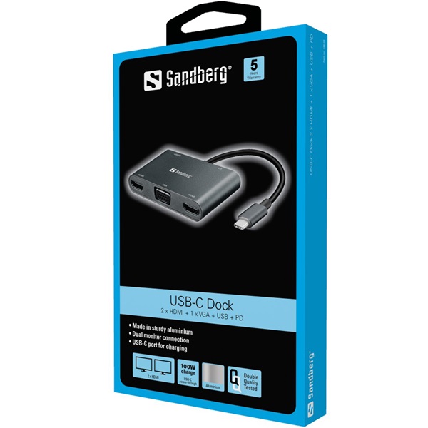 SANDBERG USB-C dokkoló, USB-C Dock 2xHDMI+1xVGA+USB+PD (136-35)