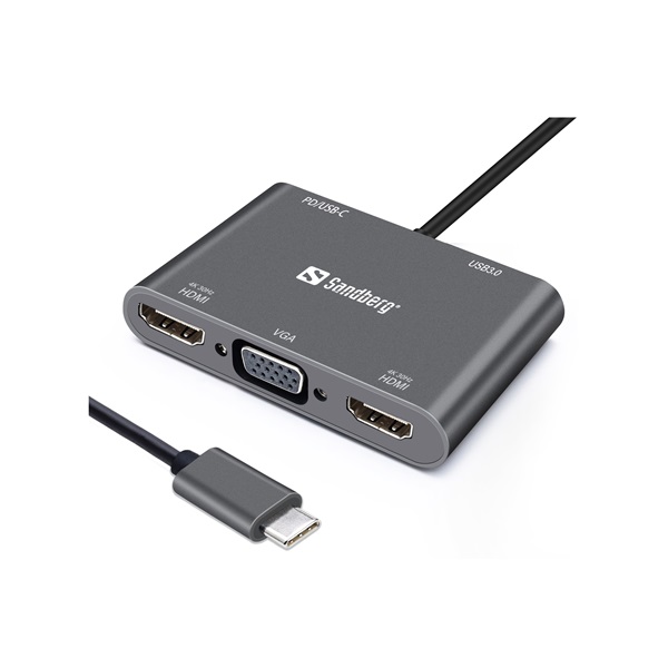 SANDBERG USB-C dokkoló, USB-C Dock 2xHDMI+1xVGA+USB+PD (136-35)