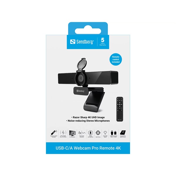 SANDBERG Webcam Pro Remote 4K, dual noise reduction, USB-A / USB-C, auto focus, auto light adjust, 5 év garancia (134-45)