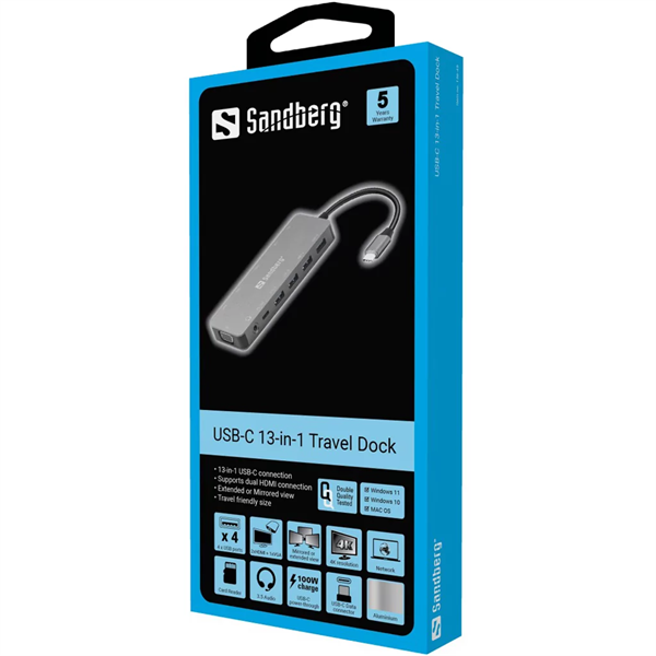 SANDBERG Dokkoló, USB-C 13-in-1 Travel Dock (136-45)